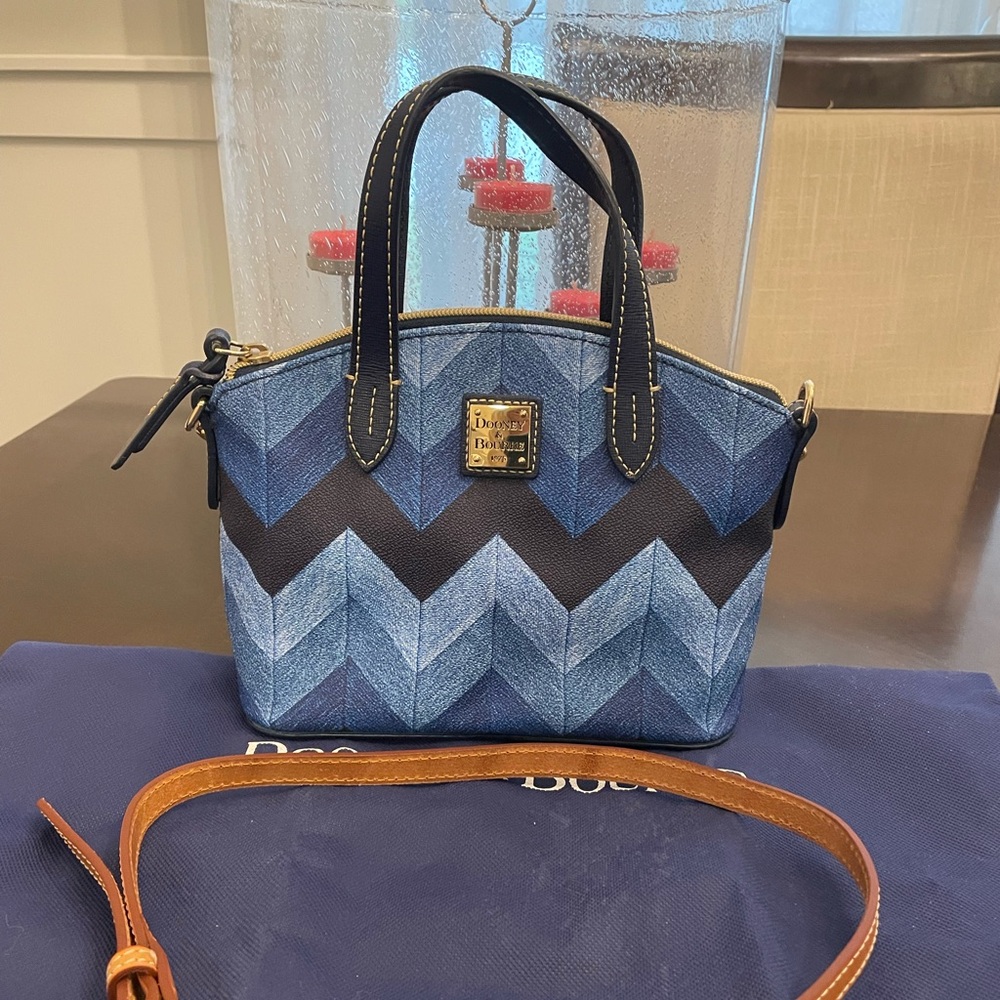 Lightly used Mini Dooney & Bourke Navy and Light Blue Chevron Satchel